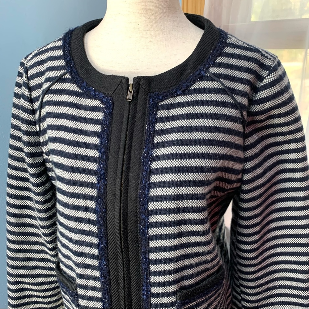 J. Crew Suiting Navy Striped Tweed Zip Front Cropped Jacket - Picture 3 of 11